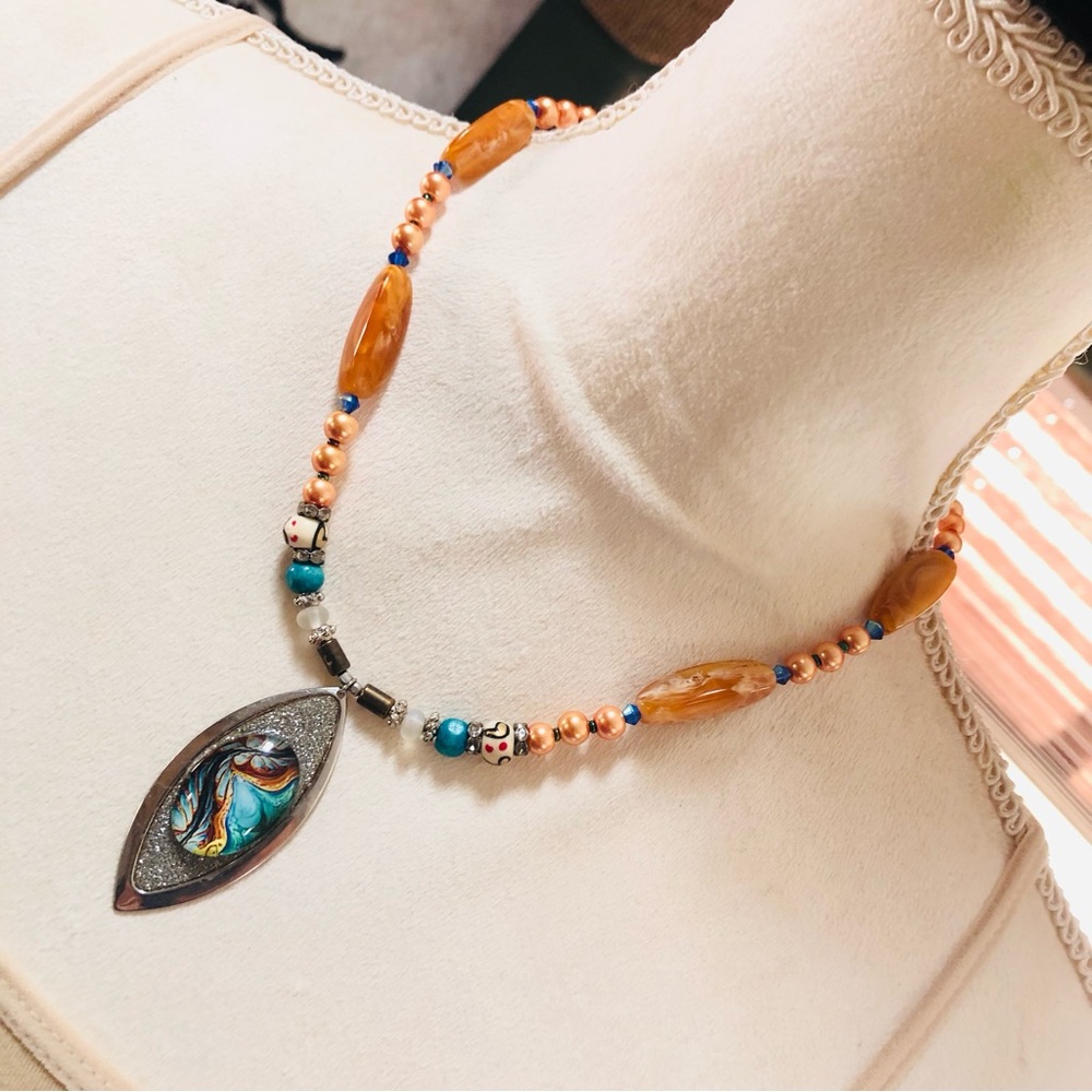 Handcrafted repurpose sparkle elongated raindrop pendant vintage bead necklace
